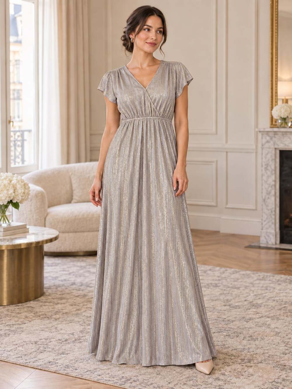 Piper & Scoot Silver Metallic Pleated Faux Wrap Maxi Dress Plus 1X